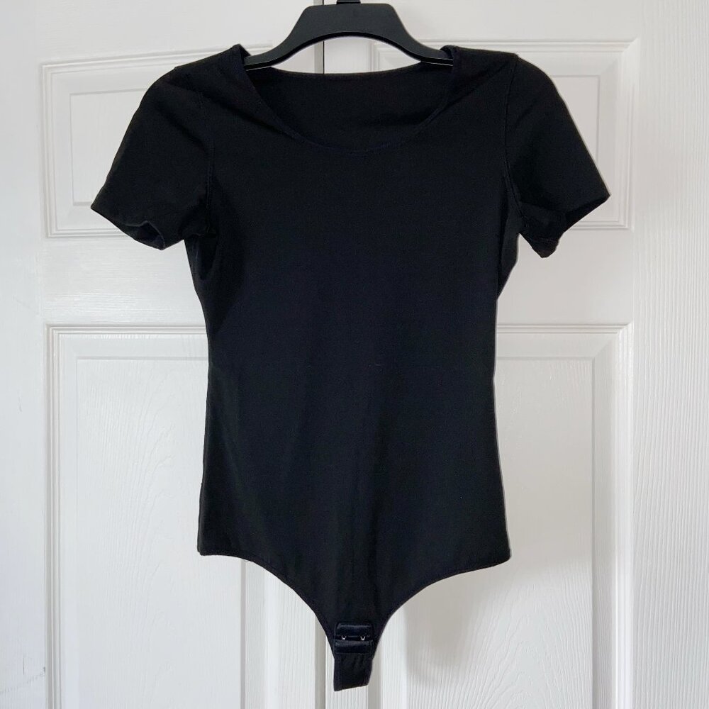 Irisnaya Medium Black Tummy Control Shapewear Thong Short Sleeve Bodysuit